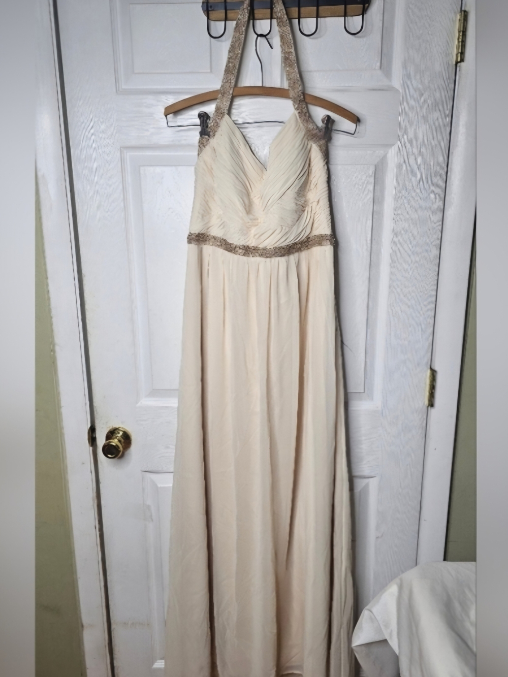 Calvin Klein Cream Gathered V-Neck Maxi Dress with Beaded Waist